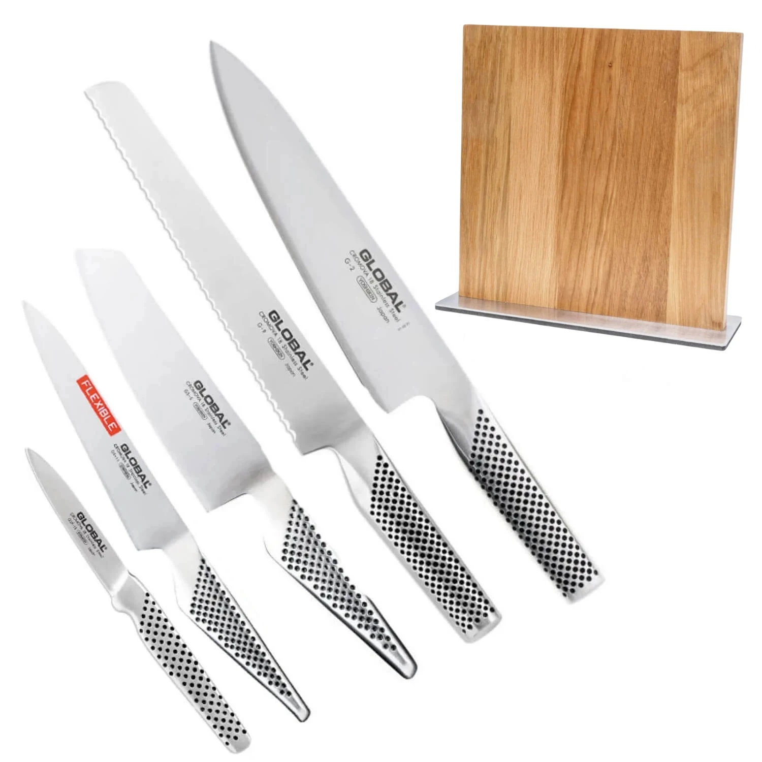 Global G-2115159 Knife Set 5 Piece + Oak Knife Block - Global